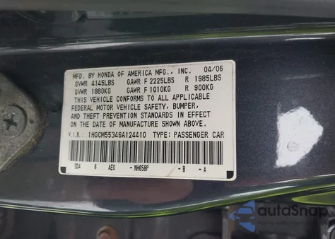 2006 Honda Accord 2.4 Se z USA, uszkodzony, nr VIN 1HGCM55346A124410